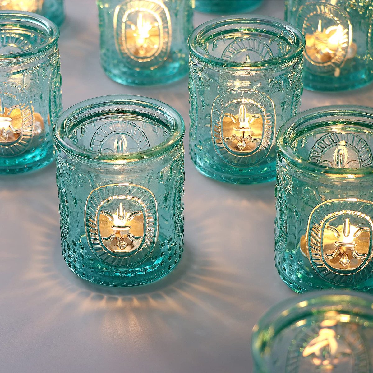 SnelShoppen - 12 Stuks Vintage Kandelaars - Glazen Theelichthouders in Turquoise - Votief Bulk voor Cadeau, Thuis, Kantoor, Tafel en Kamerdecoratie -