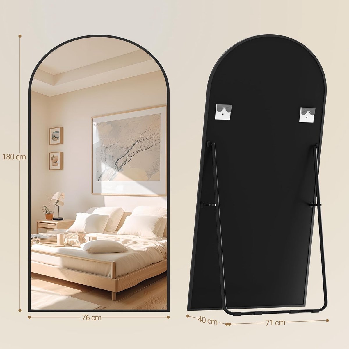 SnelShoppen - Hzuaneri Staande Spiegel 180x76 cm - Gebogen Met Standaard, Wandmontage, Gehard Glas, Aluminiumlegering Frame, Zwart - Voor Slaapkamer,