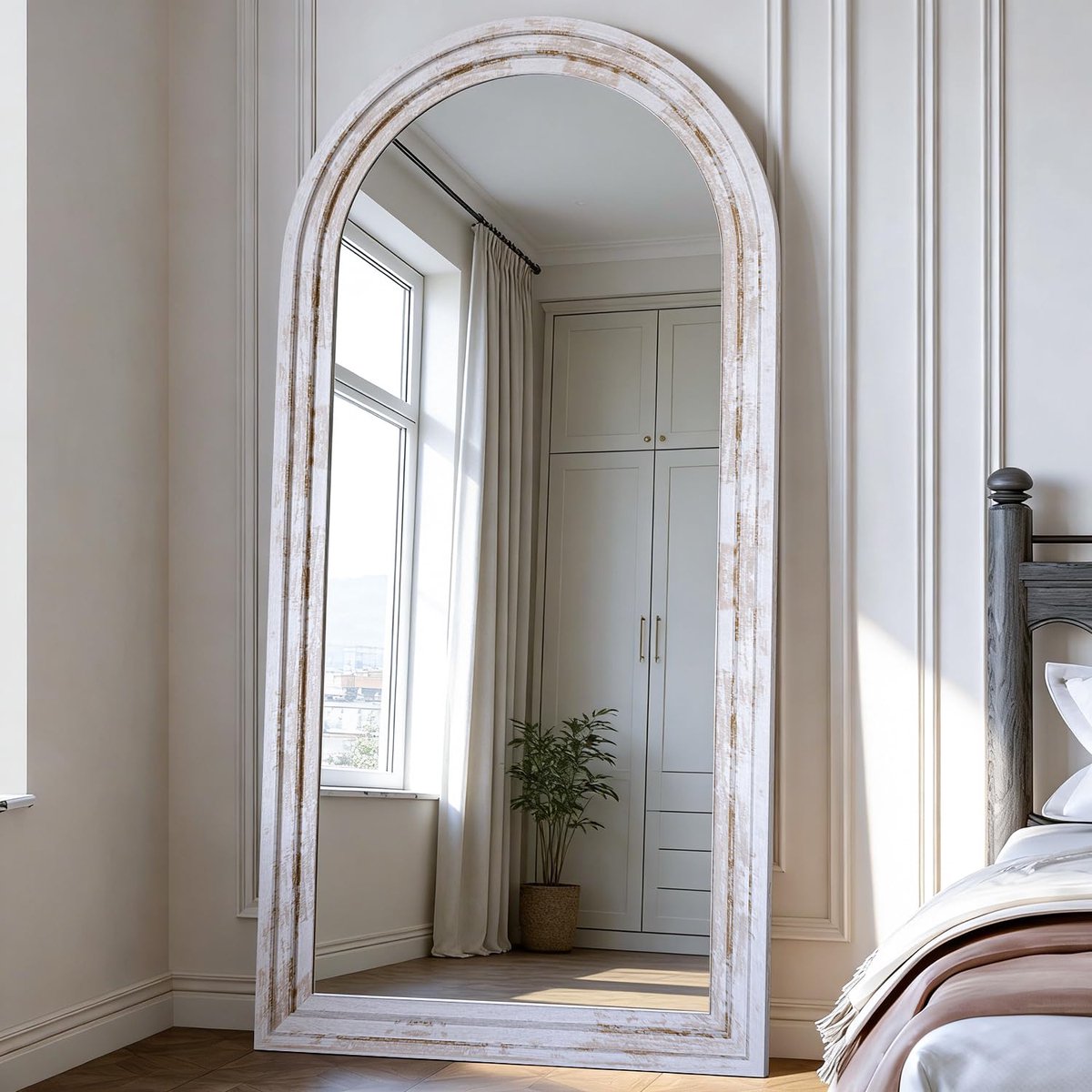 SnelShoppen - CASSILANDO gebogen spiegel 180 x 90 cm met massief houten frame, wandgemonteerde vloerspiegel voor woonkamer, slaapkamer, entree, vertic