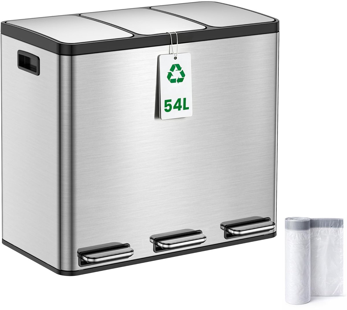SnelShoppen - Prullenbak Keuken 54L (3x18L) RVS, 3-vaks Pedaalemmer Afvalscheiding met Softclose Deksel, Uitneembare Binnenemmers, 15 Zakken - Ideaal
