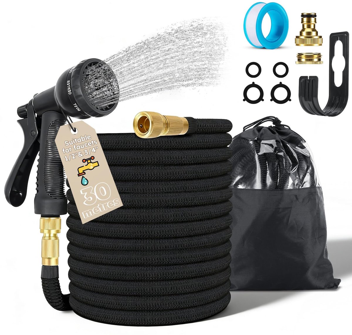 SnelShoppen - Flexibele Tuinslang 30m - Rekbare Slang met Messing Schroefverbindingen 1/2 inch en 3/4 inch - 8 Functies - Ideaal voor Tuin, Binnenplaa