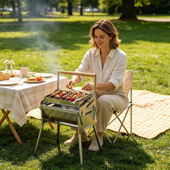 Roterende Houtskoolbarbecue - Draagbare Grill - Buiten Koken - Gelijkmatige Warmteverdeling - 30 x 16 x 16 cm - Zilver — afbeelding 4