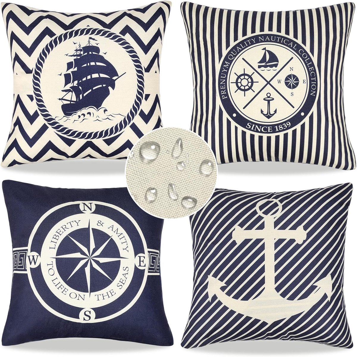 SnelShoppen - Waterdichte Kussenslopen 45x45 cm - Set van 4 Nautische Decoratieve Kussenslopen voor Buiten, Tuin en Zeilboot - Linnen Kussens voor Zom