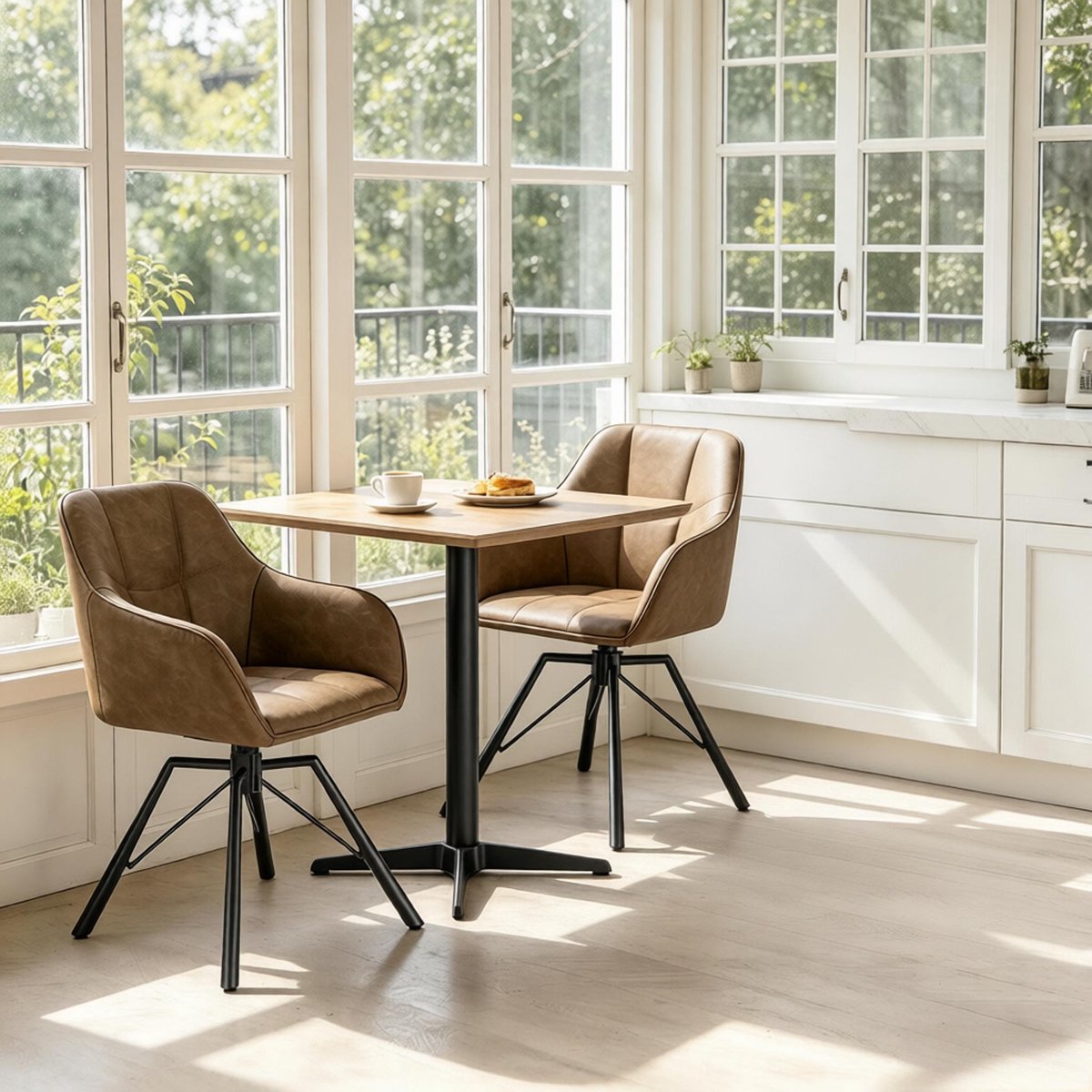 OKWISH Eetkamerstoel Set Van 2 – 360 Graden Draaibaar Met Armleuningen – Brede Zitting Voor Eetkamer En Keuken – Kunstleer – Bruin