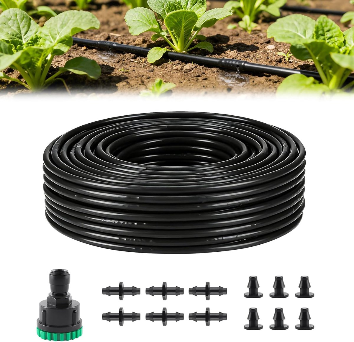 SnelShoppen - 100 voet druppelslang-set (30,5 m) - Kalolary druppelslanghaspel met 15,24 cm afstand - Tuinslang voor irrigatie en tuinonderhoud