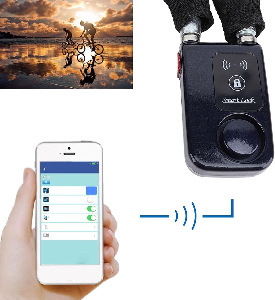 SnelShoppen - Fietsslot met Alarm, Sleutelloze App-Bediening, Bluetooth Diefstalbeveiliging, Trillingswaarschuwing, Fietskabelslot voor Elektrische Fi
