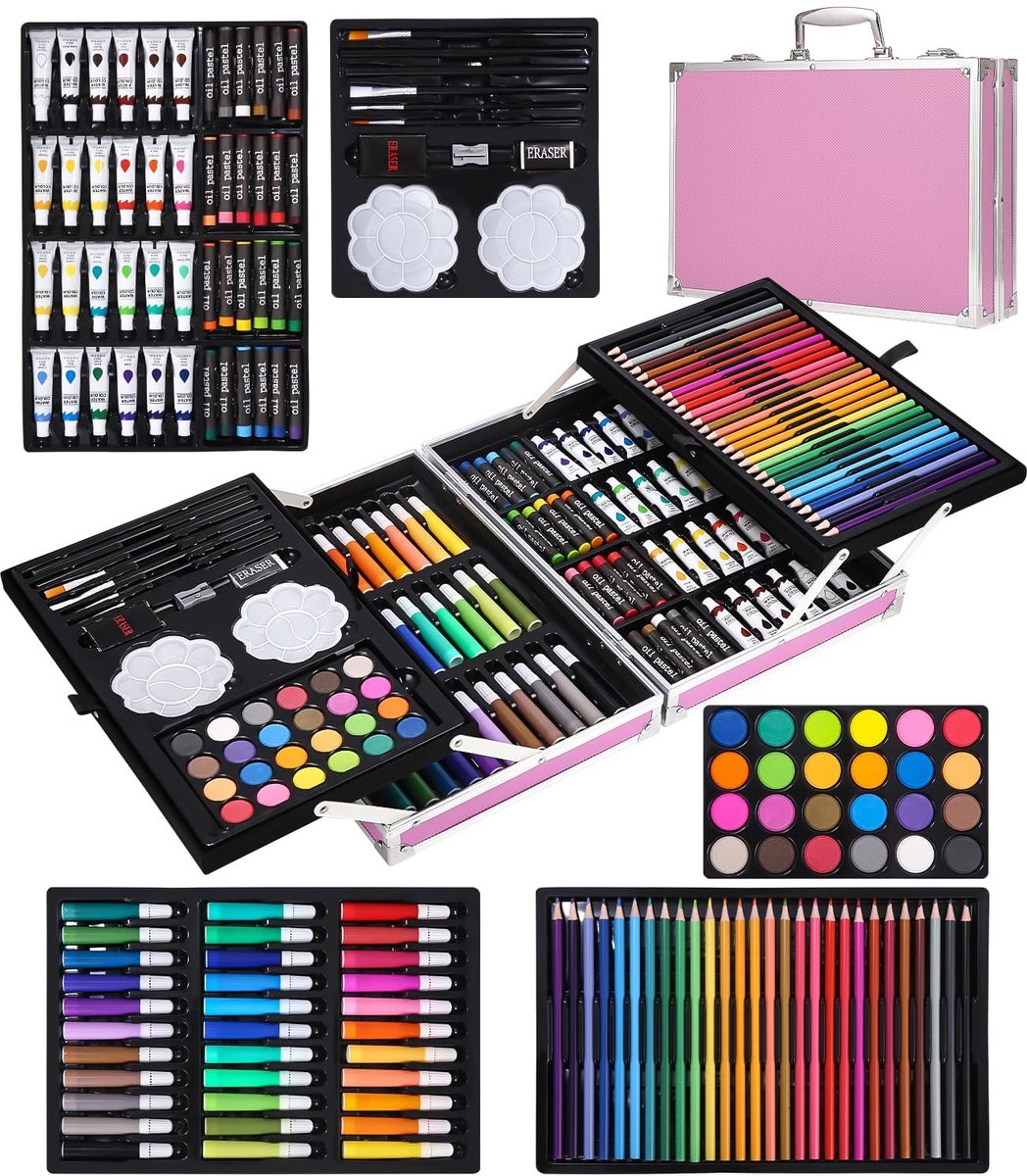 SnelShoppen - 144-delig schilderset met schilderkoffer, professionele kunstset met kleurpotloden, waterverf, olijpastel, houtskoolpotloden, geschenk r