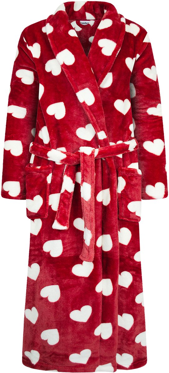 Unisex Badjas Extra Lang met Sjaalkraag en Ceintuur - Ochtendjas - Superzacht Coral Fleece - Heren Dames - Rood met Hartjes Valentijn - Maat L/XL - 8216