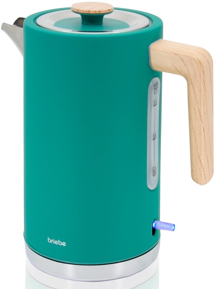 SnelShoppen - Draadloze Elektrische Waterkoker 1,7 L Groen, 2200 W, Snel Koken, BPA-vrij, Scandinavisch Ontwerp met Houtlook Handvat, 360° Basis, Auto
