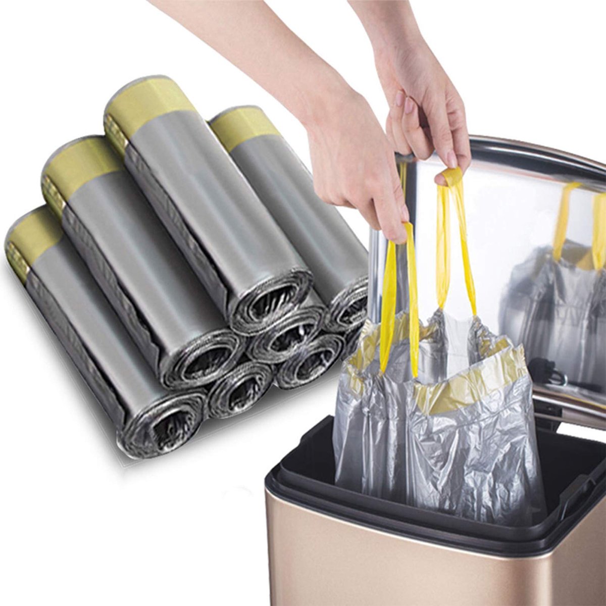 SnelShoppen - Madeb Drawstring Bin Liner 12-15 L Zilver - 5 Stuks - Afvalzakken met Touwtjes voor Keuken, Tuin, Feesten en Camping