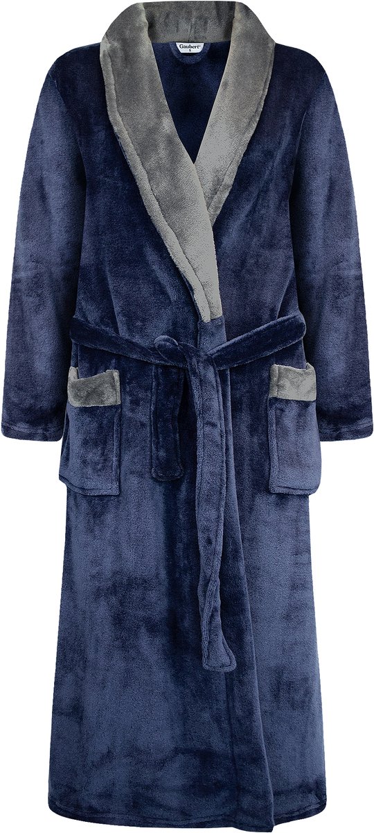 Heren Badjas Extra Lang met Sjaalkraag en Ceintuur - Ochtendjas - Superzacht Coral Fleece - Unisex Pasvorm Heren Dames - Donkerblauw met Grijze Kraag - Maat L/XL - 8218-Navy