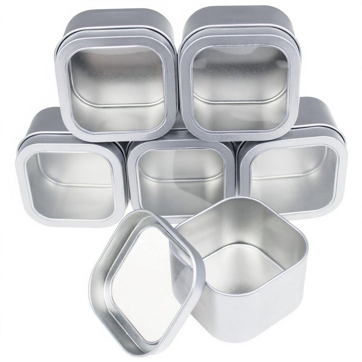 Dailygoods- Blikjes 6 stuks - Vierkante metalen blikjes - Transparant venster - Zilverkleurig - 227 g per blikje - 75 x 75 x 48 mm - Opbergdoos