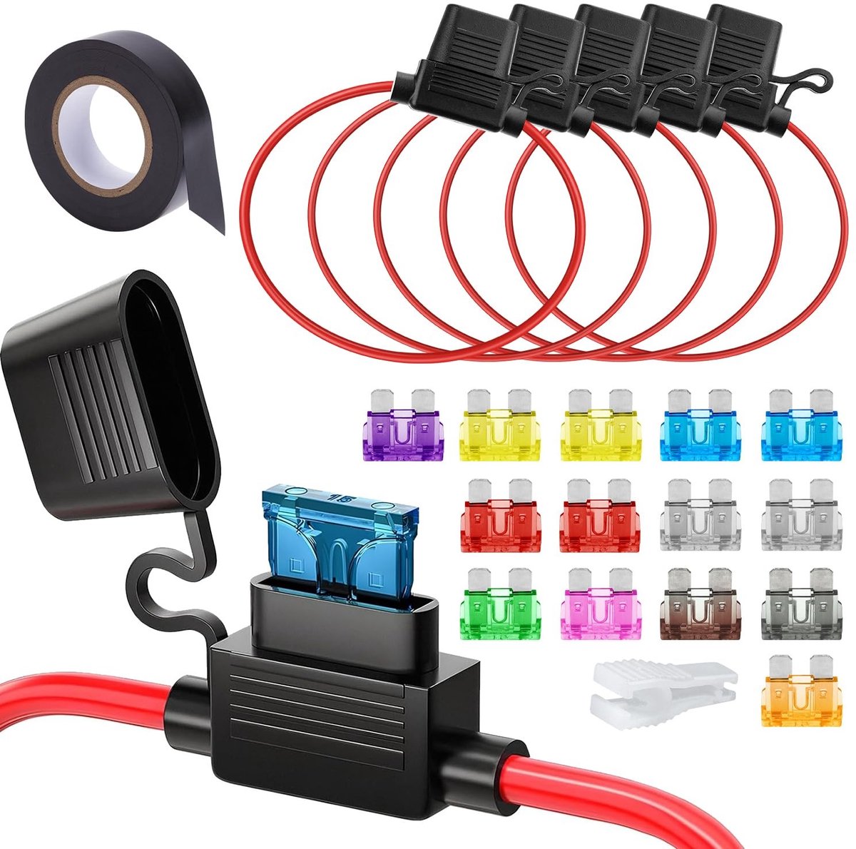 Dailygoods- Zekeringhouder 12 Volt - Waterdichte Zekeringhouder - Platte Zekering - 14-delige Set - 30 A Maximaal Vermogen - 30 cm Kabel - Autozekering