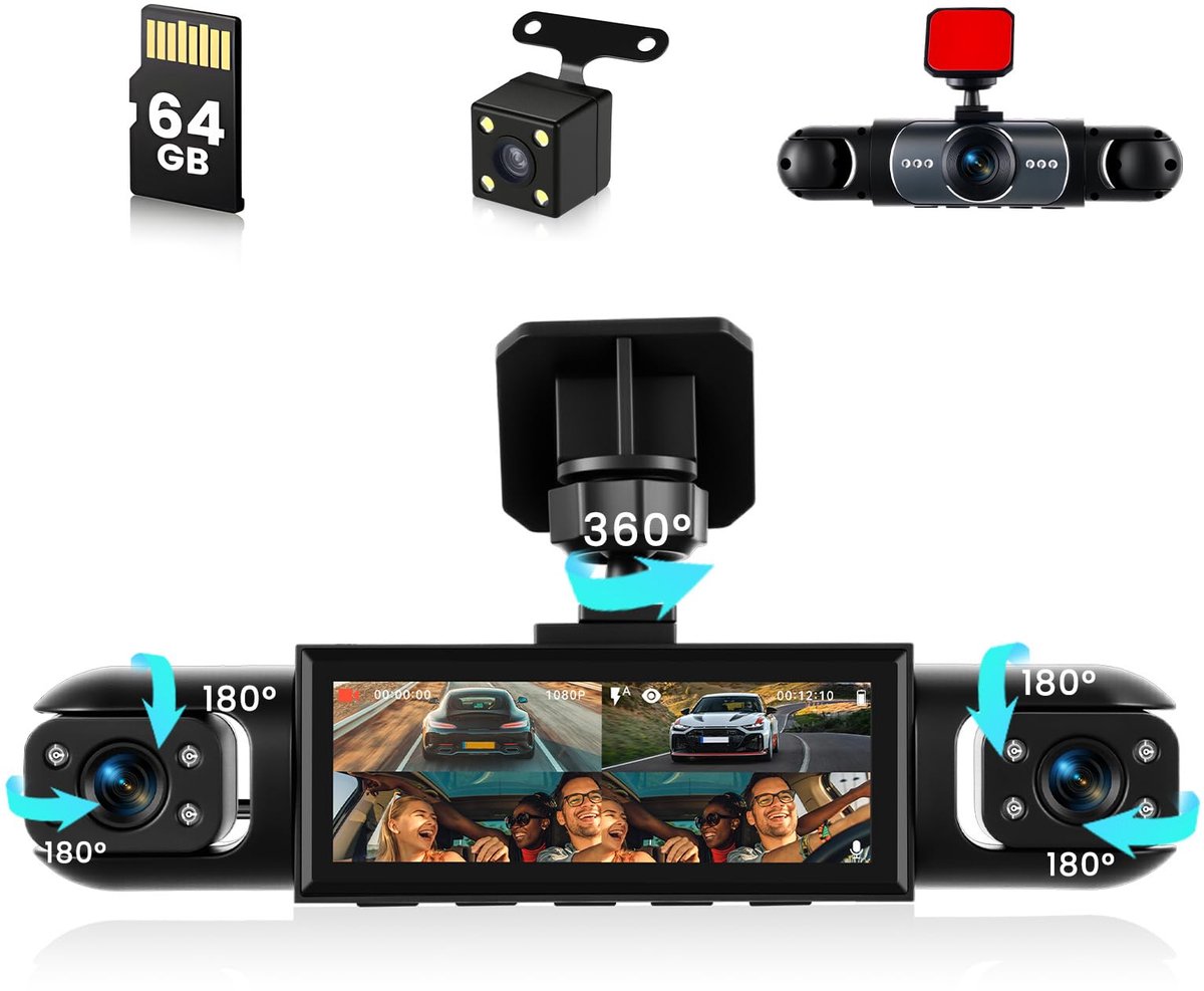 SnelShoppen - Inefala 4 Kanaals Dashcam Auto, 360 Graden FHD 1080P Voor en Achter, Autocamera met 64GB SD-kaart, 3,16" Display, Nachtzicht, Groothoek,