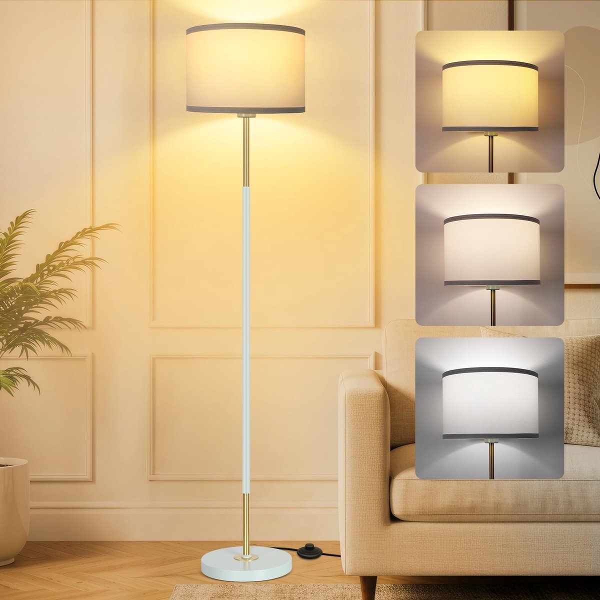 SnelShoppen - Dimbare Staande Lamp Woonkamer LED Leeslamp met 3 Kleurtemperaturen, Voetschakelaar, 9W E27 Gloeilamp, Linnen Lampenkap, Modern Vintage