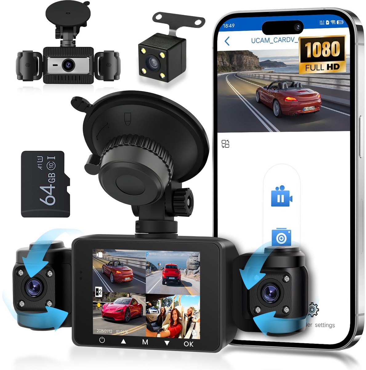 SnelShoppen - 4-Kanaals Dashcam Auto 1080p met 360° Weergave, Nachtzicht, Bewegingsdetectie, Parkeermodus, G-Sensor en 64G TF-Kaart voor Veilig Rijden