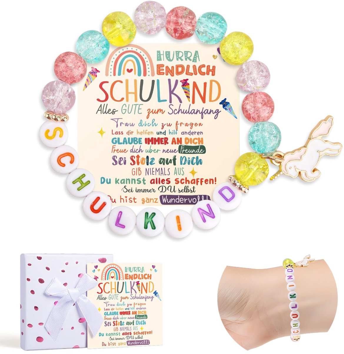 Dailygoods - Schooldag Cadeau voor Meisjes - Armband met Eenhoorn en Wenskaart