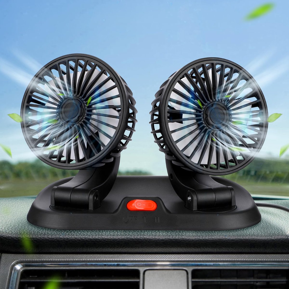 SnelShoppen - Autoventilator 360° Rotatie Dubbele Ventilator USB Mini Ventilator Krachtig Stil 2 Snelheden Campingventilator voor SUV Vrachtwagen