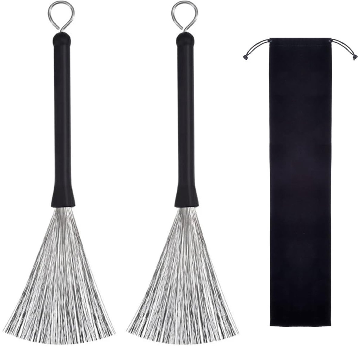 Dailygoods- Drumsticks 32 cm - Draadborstels - Rubberen handgreep - Intrekbaar - Zwart fluwelen zakje - Geschikt voor professioneel gebruik - Drumborstels