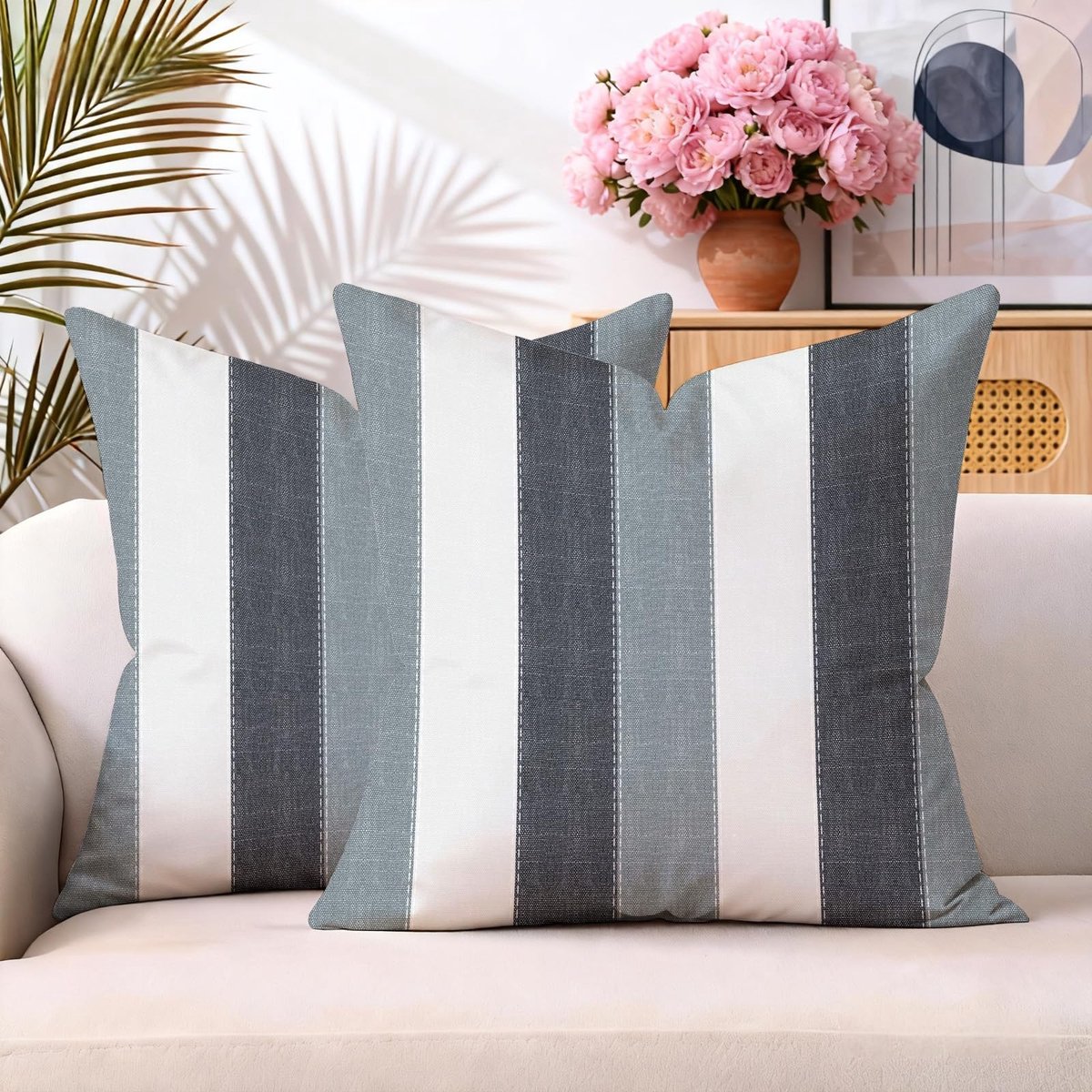SnelShoppen - Brylleii Kussenhoezen 45x45 cm - Decoratief met 2 Strepen - Modern Wit, Zwart, Grijs Linnen - Perfect voor Bank, Tuin, Lente en Zomer