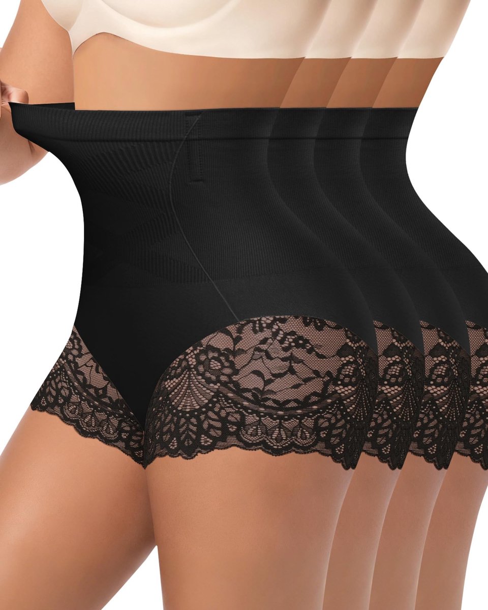 Dailygoods- Damesondergoed Hoge Taille - Shapewear - Ademend - Stretch - Verpakking van 4 Stuks - Kanten Afwerking