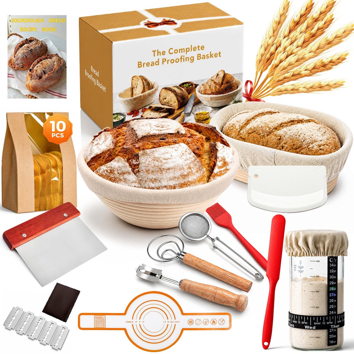 SnelShoppen - Rijsmand Zuurdeeg Starterset met 2 Rotan Gistmanden (25 cm Ovaal en 23 cm Rond), Zuurdeegglas en Complete Broodbakkerij Accessoireset vo