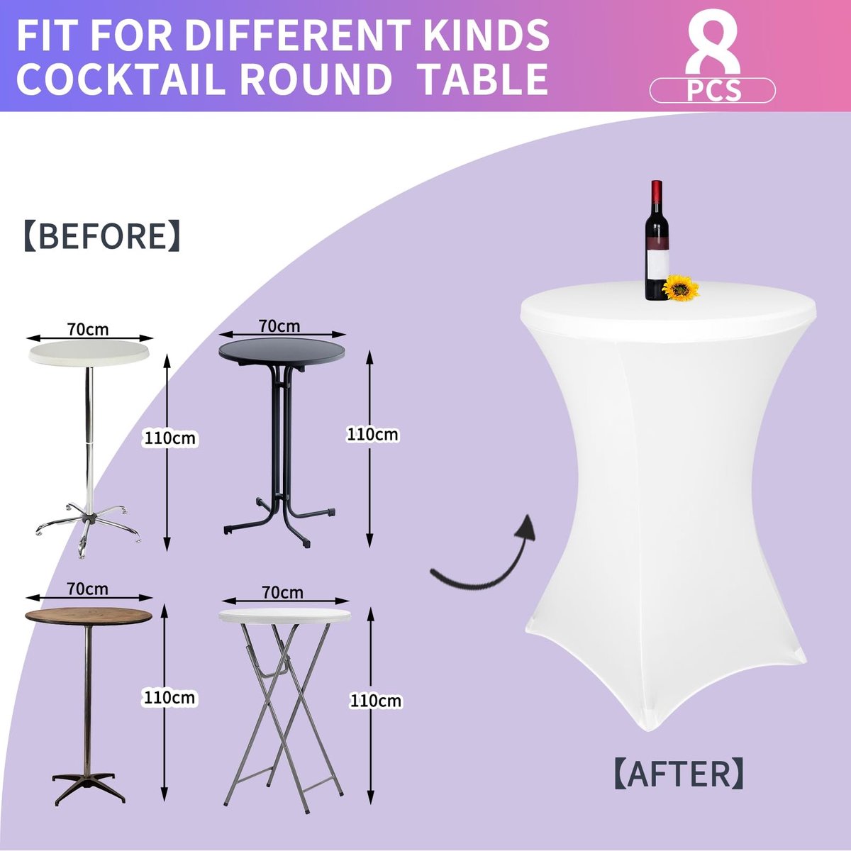 Dailygoods- Statafelhoezen 8 stuks - Stretch Tafelkleed - Voetzakken - Ø 70-75 cm - Cocktail-Spandex - Waterdicht en Afwasbaar