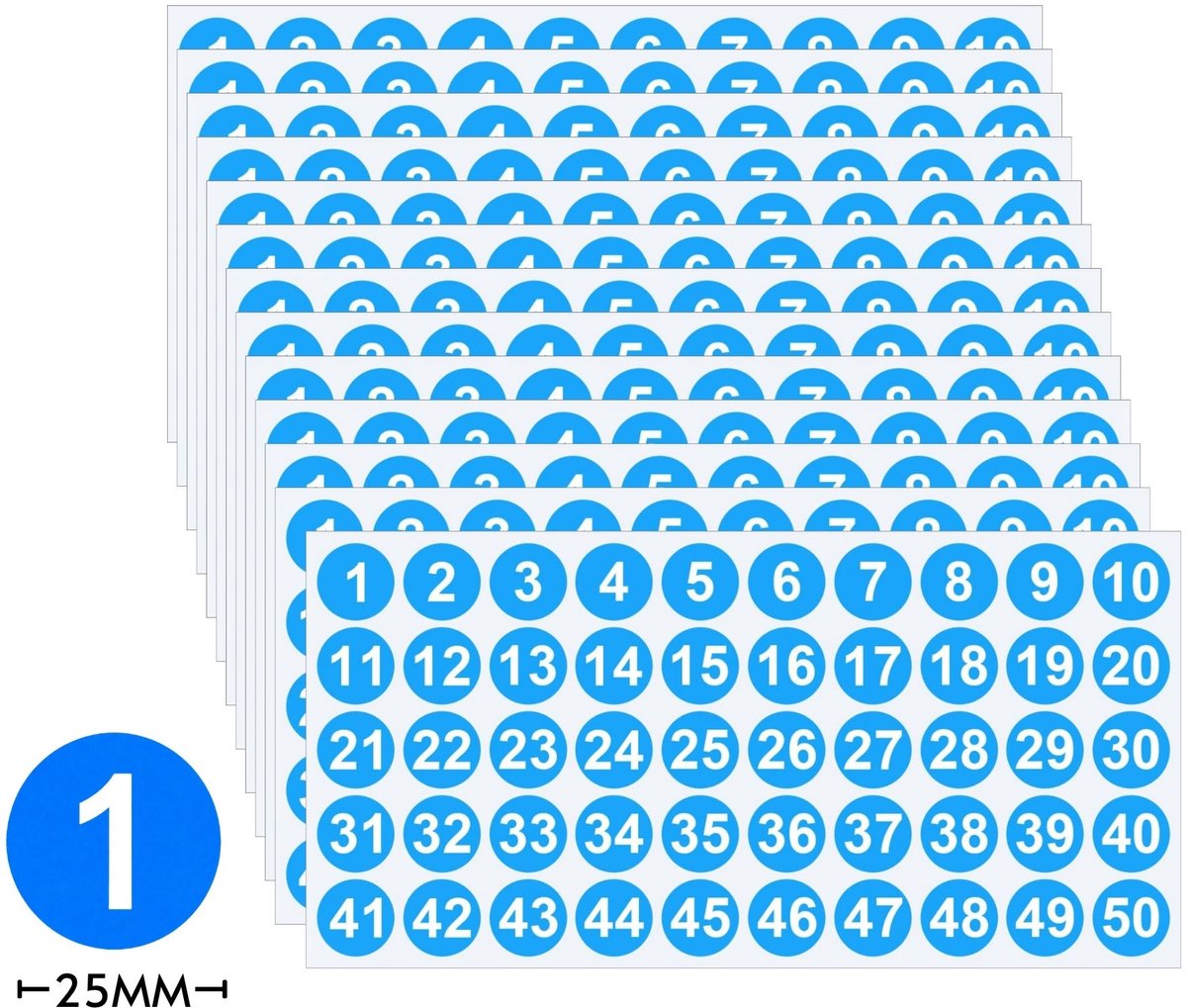 Cijfer Stickers 1 t/m 50 – 25MM - 10 Vellen – Ronde Nummerstickers Blauw - Zelfklevende Etiketten Rond