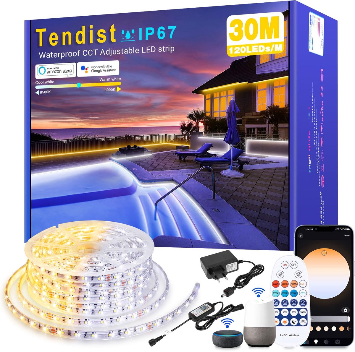 SnelShoppen - TENDIST Ledstrip 30m Dimbaar Warm Wit tot Koud Wit IP67 Waterdicht voor Buiten Tuin Keuken Wifi-App en Afstandsbediening 24V