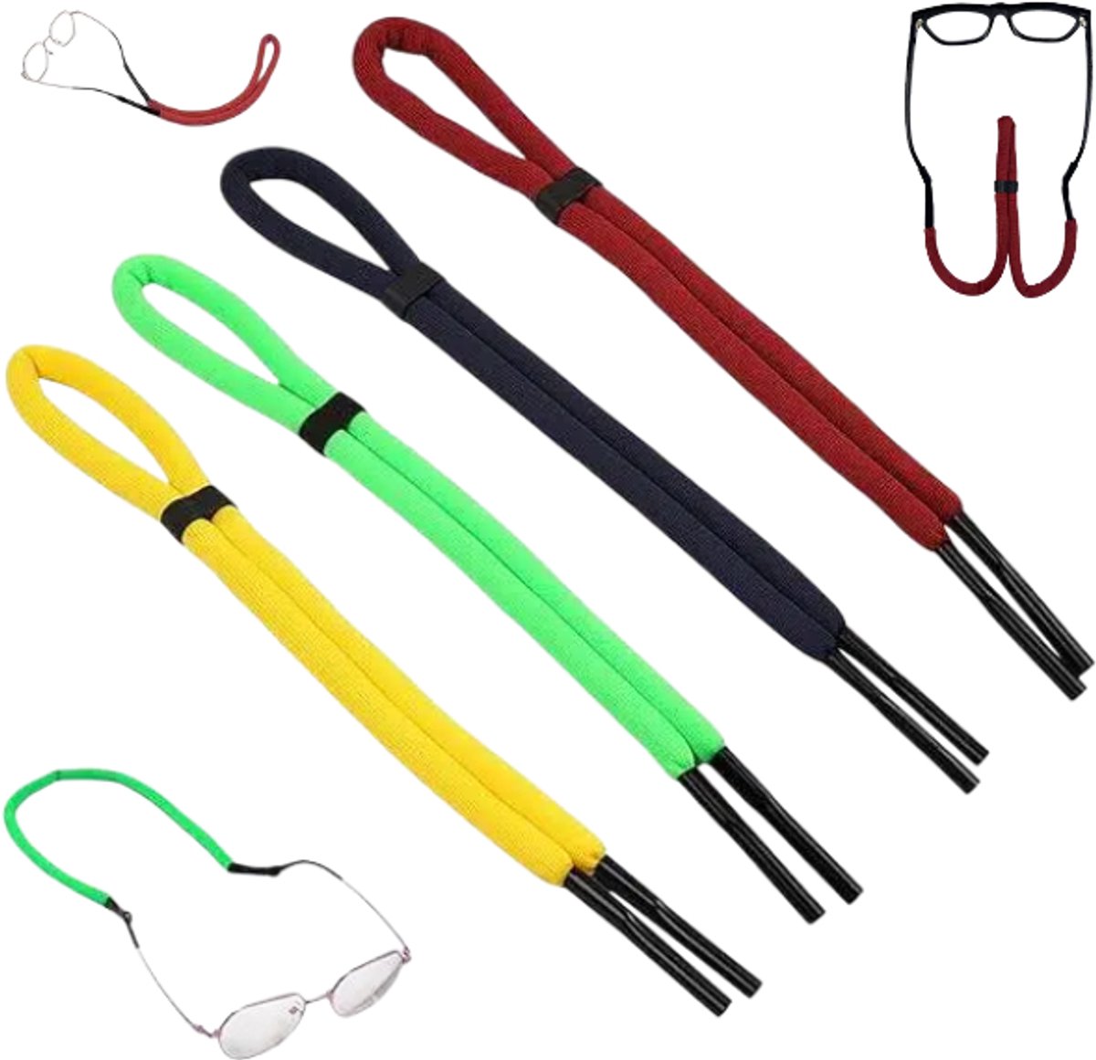 4 stuks-Antislip brillenbandje - Drijvend zonnebrilbandje - Verstelbaar brillenbandje met drijfvermogen - Brillenkoord - Schokbestendig brillenkoord - Rood, geel, groen, zwart - Unisex - Geschikt voor zwemmen, surfen, kajakken, roeien en watersporten