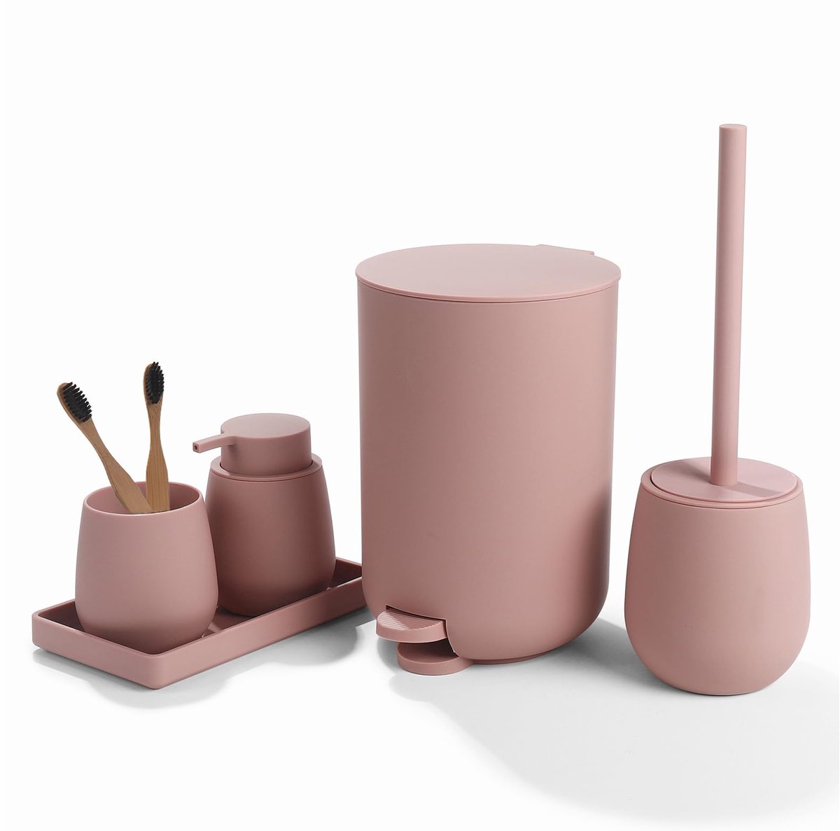 SnelShoppen - AJEUNGAIN 5-delige Badkameraccessoires Set Roze - Prullenbak, Toiletborstel, Zeepdispenser, Tandenborstelhouder & Organizer Tray - Badka