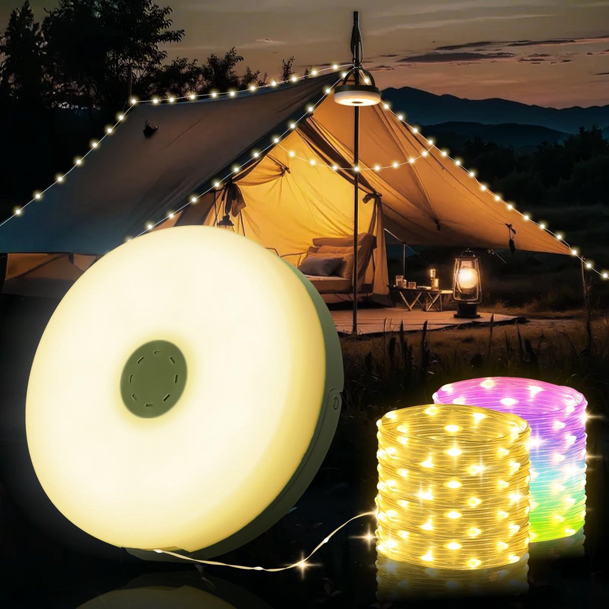SnelShoppen - Camping Lichtketting 2 in 1, 10m Licht Snoer, Oprolbaar, 9 Modi, Warm en Kleurrijk Licht, USB C Oplaadbaar, IPX4 Waterdicht voor Tent, T