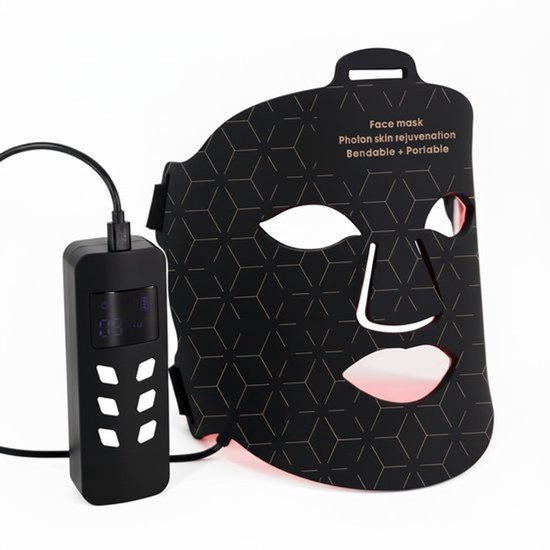 Zwart Mellineo LED-gezichtsmasker met geometrisch patroon en een bijbehorende afstandsbediening op witte achtergrond.