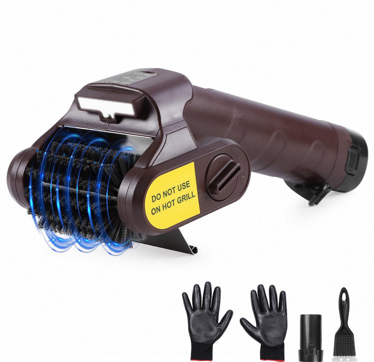 Rosnek Elektrische BBQ Borstel - Draadloze Grillreiniger 770 RPM met 2 Verwisselbare RVS Borstelkoppen - 2000 mAh, USB-C en LED Licht - voor Gas-, Houtskool- en Keramische Grill - Bruin