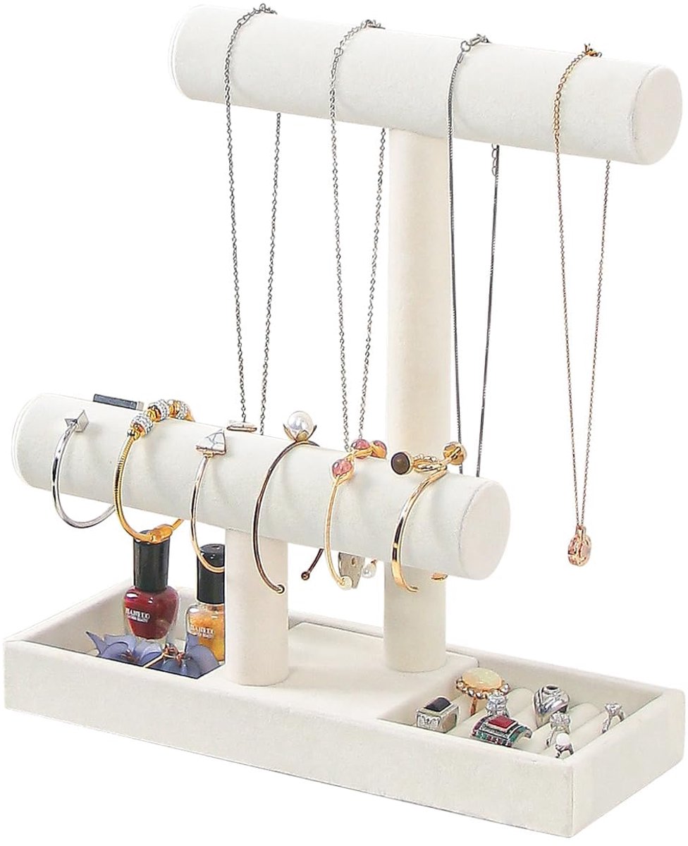 Dailygoods - 2 Tier Ketting en Armband Houder Organizer met Ring Tray - Beige
