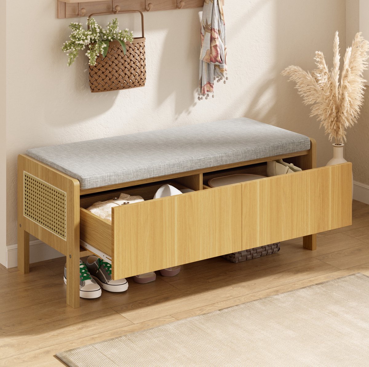 HAUSS SPOLE Schoenenkast – 113 x 40 x 45,5 cm – Met 2 Laden En Zitting – Bamboe En MDF – Naturel En Grijs – Voor Hal En Slaapkamer