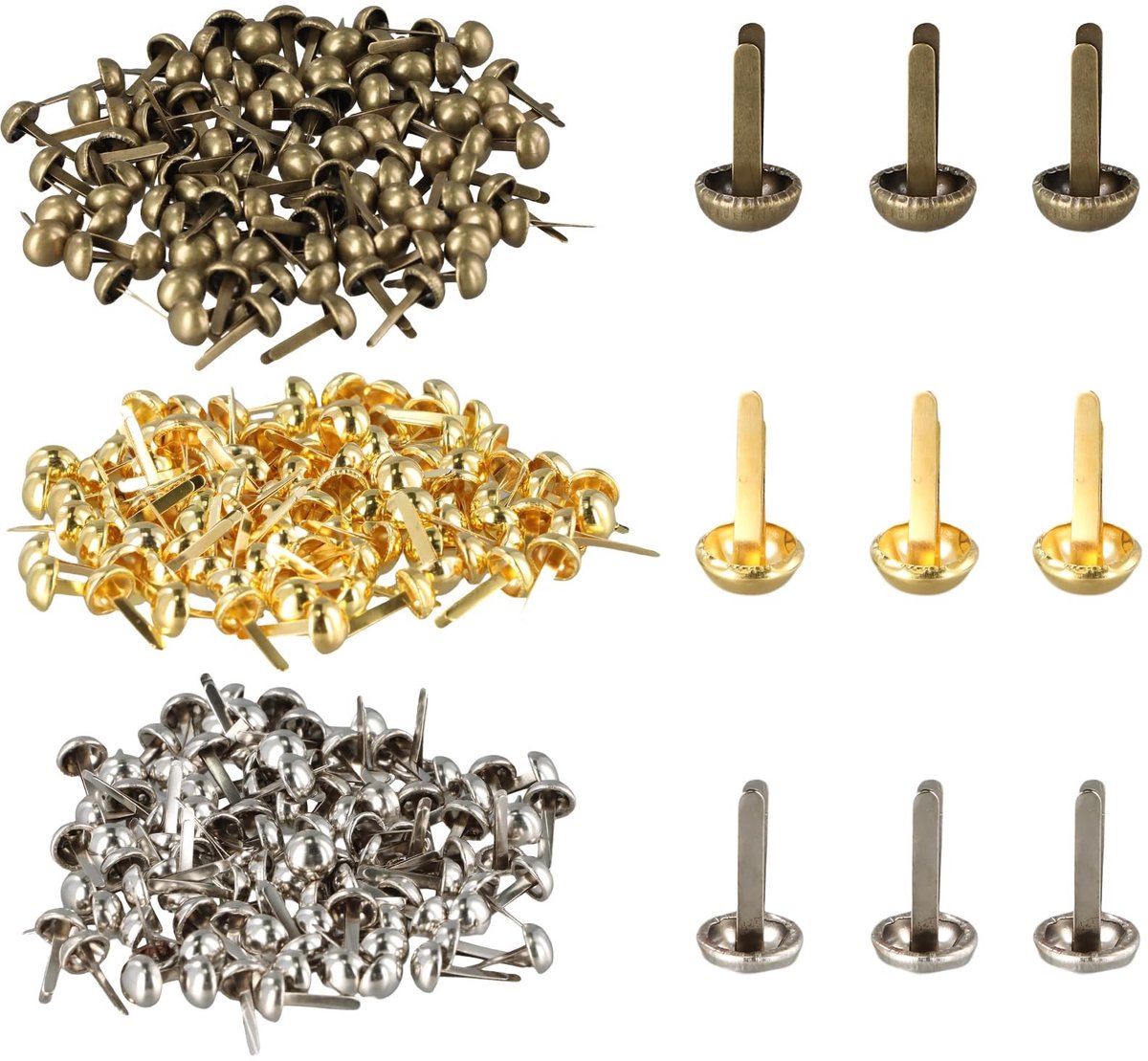 Dailygoods- Splitpinnen 300 stuks - Metalen Bevestigingsmiddelen - Mini-Brads - Ronde Kop - Goud/Zilver/Brons - Hoogwaardig Materiaal - Papierenclips