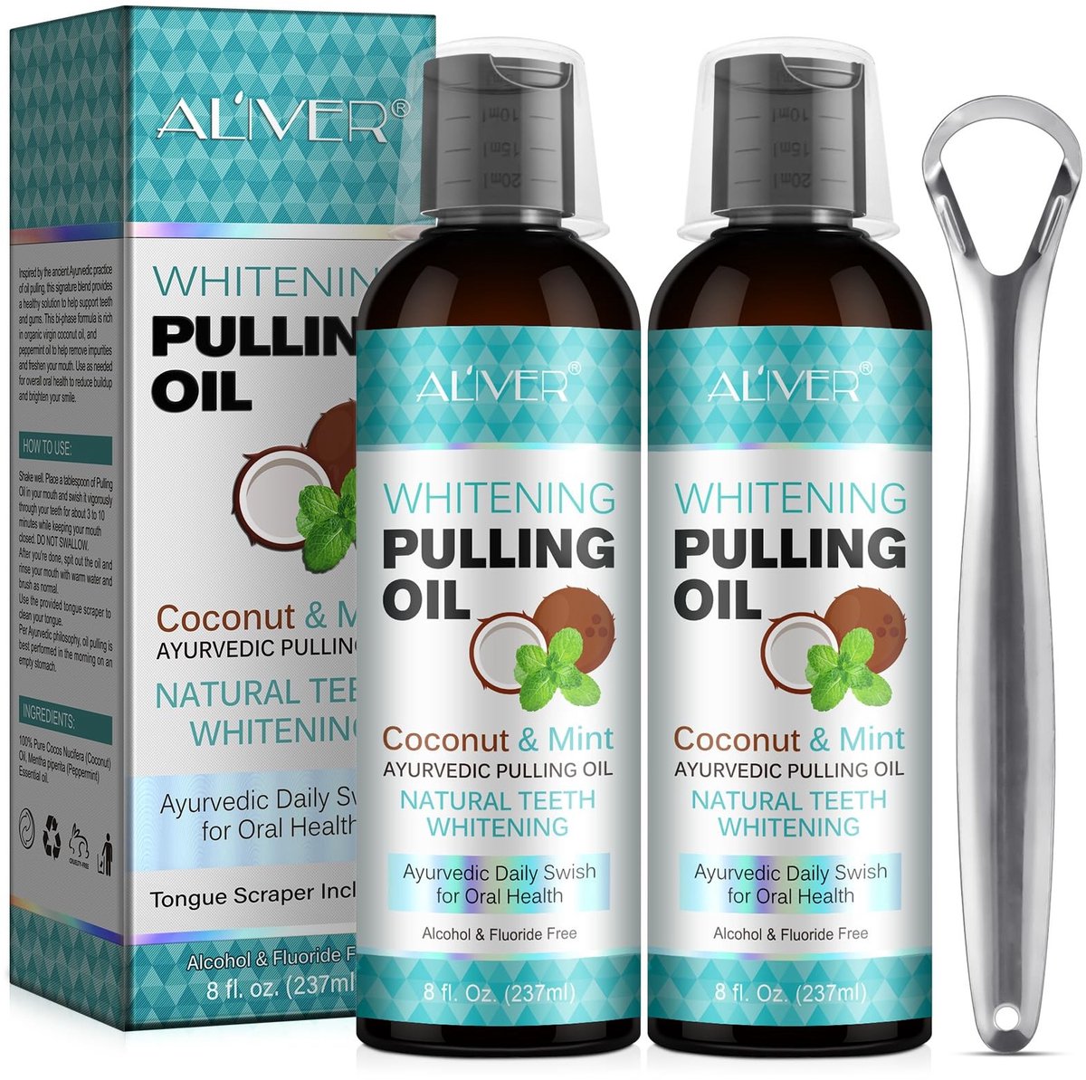 Dailygoods- Mondwater met Kokosolie - Alcoholvrij - Tongschraper - Frisse Adem - Tanden Bleken - Gezonder Tandvlees - 8 fl.oz - Olie Trekken