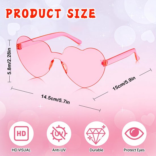10 Stks Roze Hart Bril Randloze Hart Zonnebril Gekleurde Liefde Party Bril Multipack Transparante Kleurrijke Mode Funky Eyewear voor Vrouwen Mannen — afbeelding 3