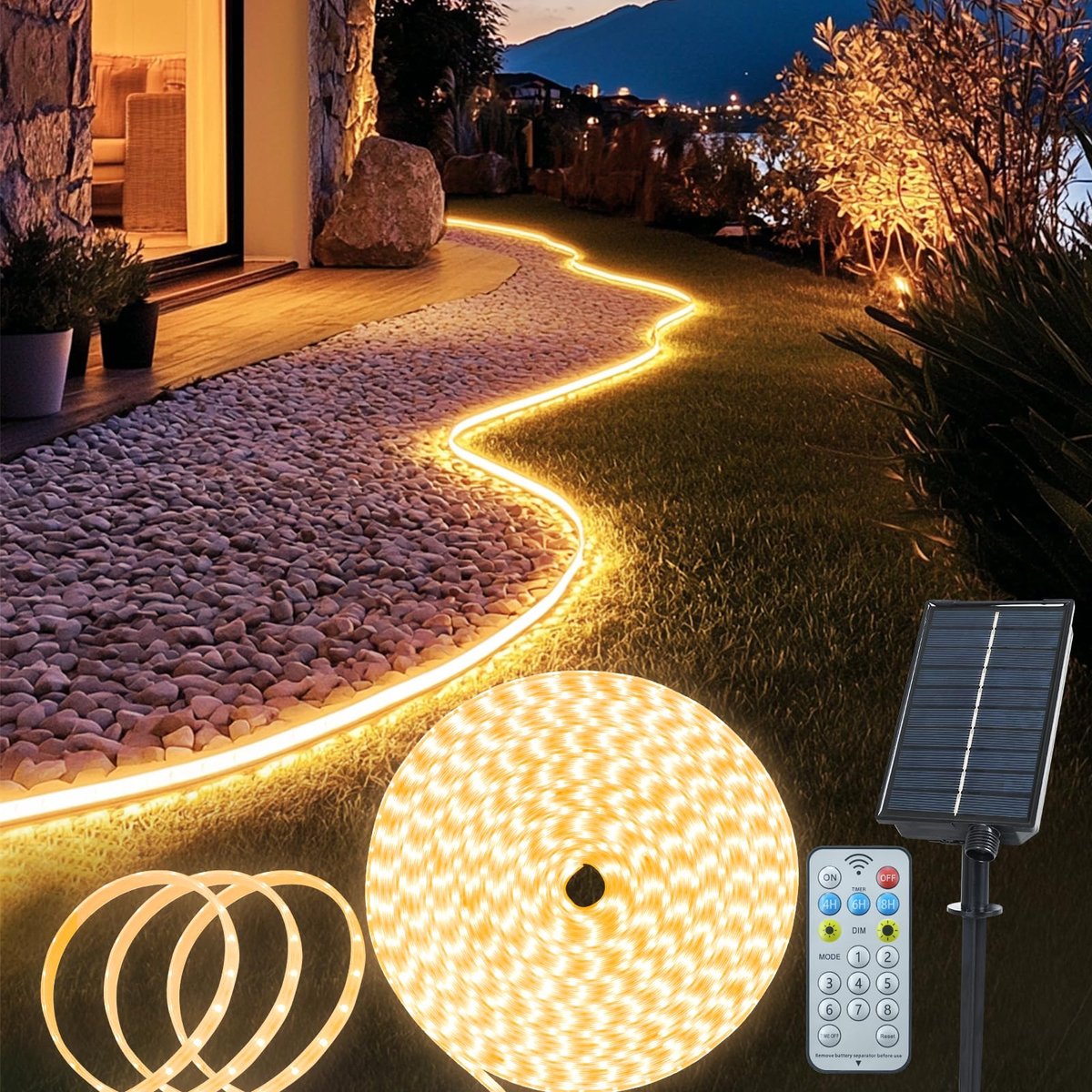 SnelShoppen - Led-lichtstrip op zonne-energie 10 m, 640 warm-witte LED lampen, waterdicht, met afstandsbediening en 8 modi, tuinverlichting voor buite