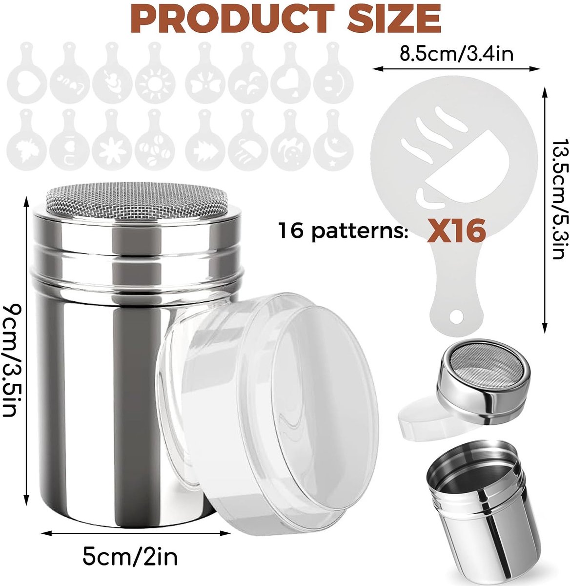 Dailygoods- Cacaostrooier roestvrij staal - Poederstrooier - Koffiesjablonen 16 stuks - Koffieaccessoires - Fijne zeef - Ideaal voor cacao en poedersuiker