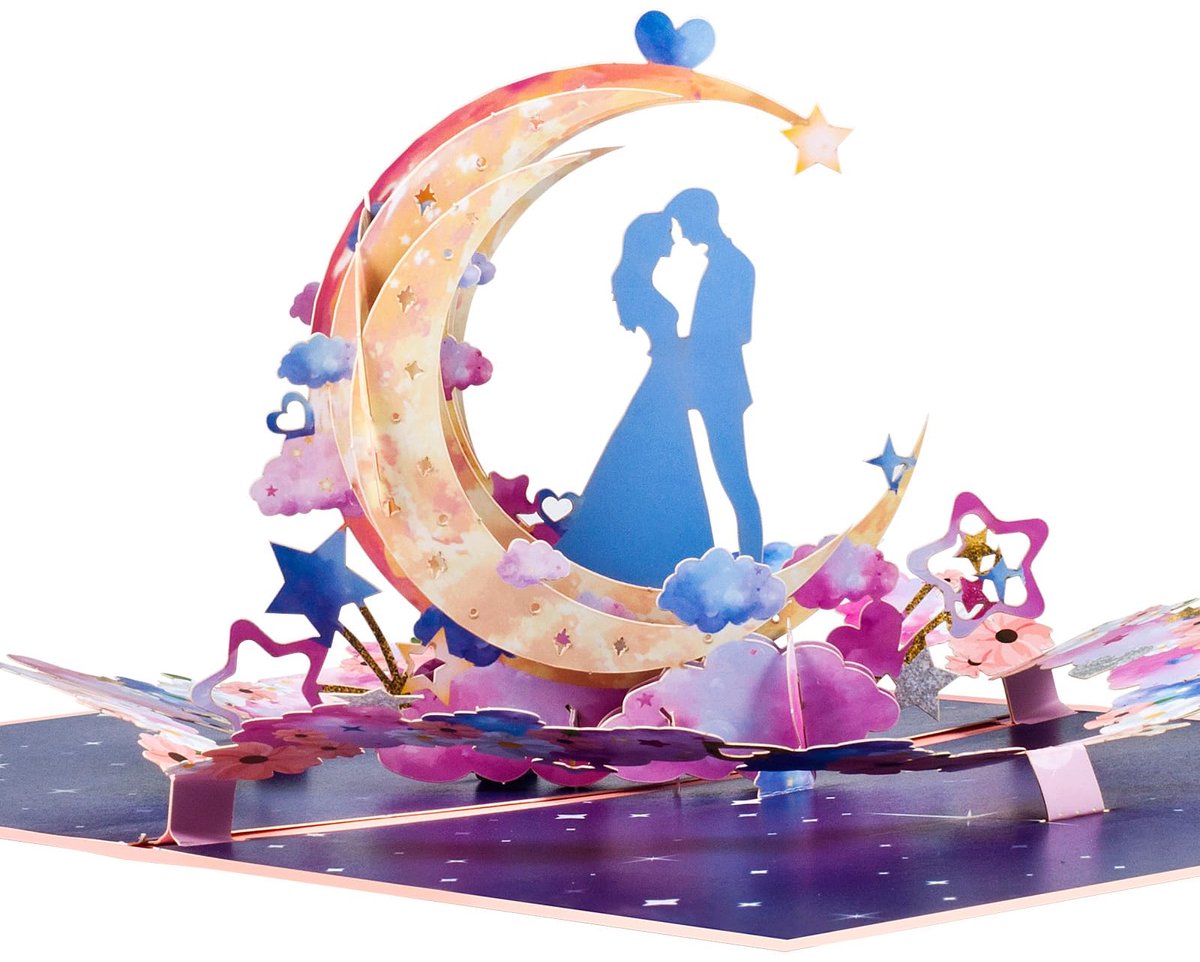 Dailygoods - 3D Valentijnsdagkaart met Maan en Geliefden - Unieke Pop-up Wenskaart