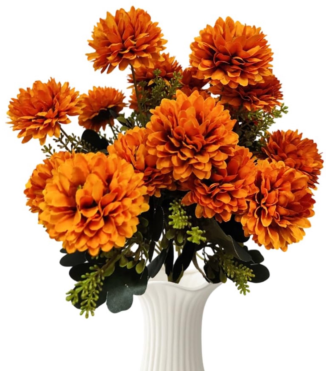 Dailygoods - 2 stuks Kunstmatige Herfstbloemen Chrysanten - Droogbloemen Herfstdecoratie Oranje