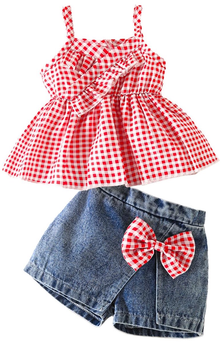 SnelShoppen - Babykleding Meisjes Zomeroutfit, Mouwloos Ruches Tanktop met Shorts, Schattige Kledingsets voor Peuters 6 maanden tot 4 jaar, 12-18 maan