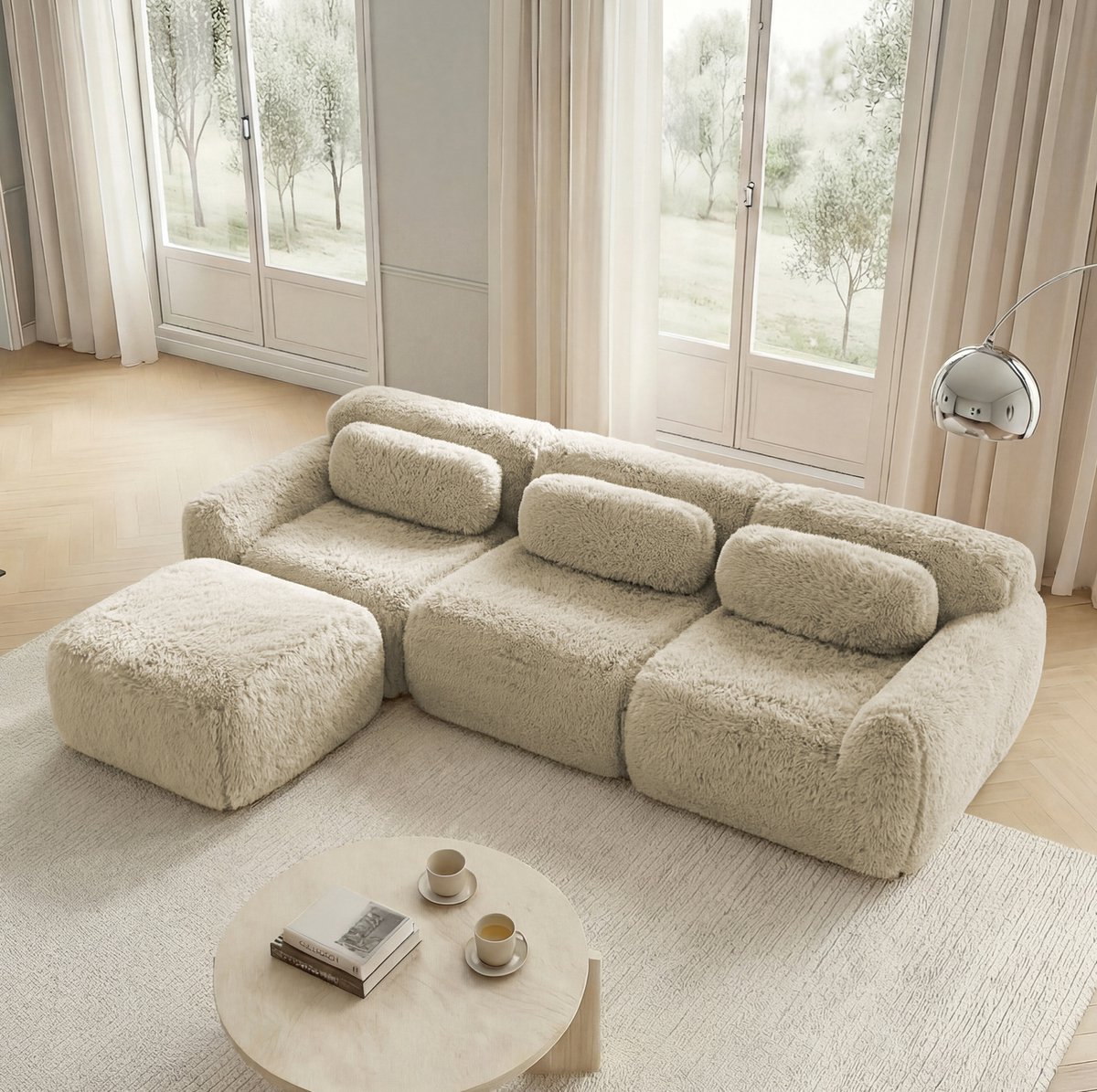 COVREO Hoekbank 291 x 179 x 73 cm - licht khaki, pluche bekleding, 3-zits, zonder montage