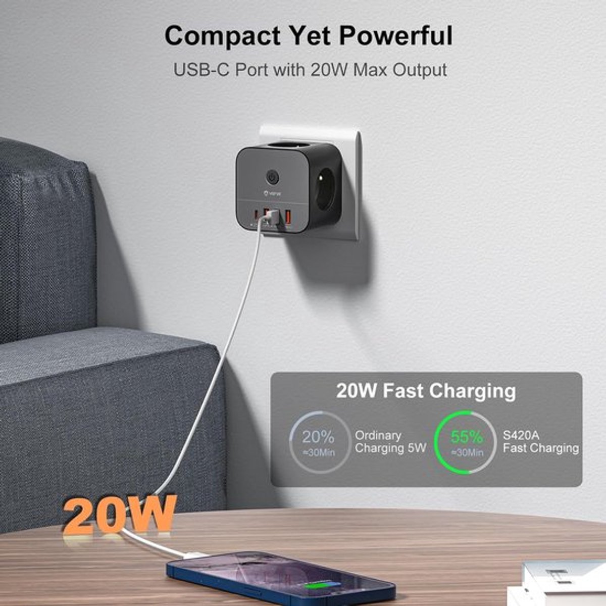 SnelShoppen - VEFVE Stekkerdoos Kubus 7-in-1 Type E, 20W USB-C Snellader met Schakelaar, 3 Stopcontacten 3680W, 4 USB Poorten, Verdeelstekker zonder K