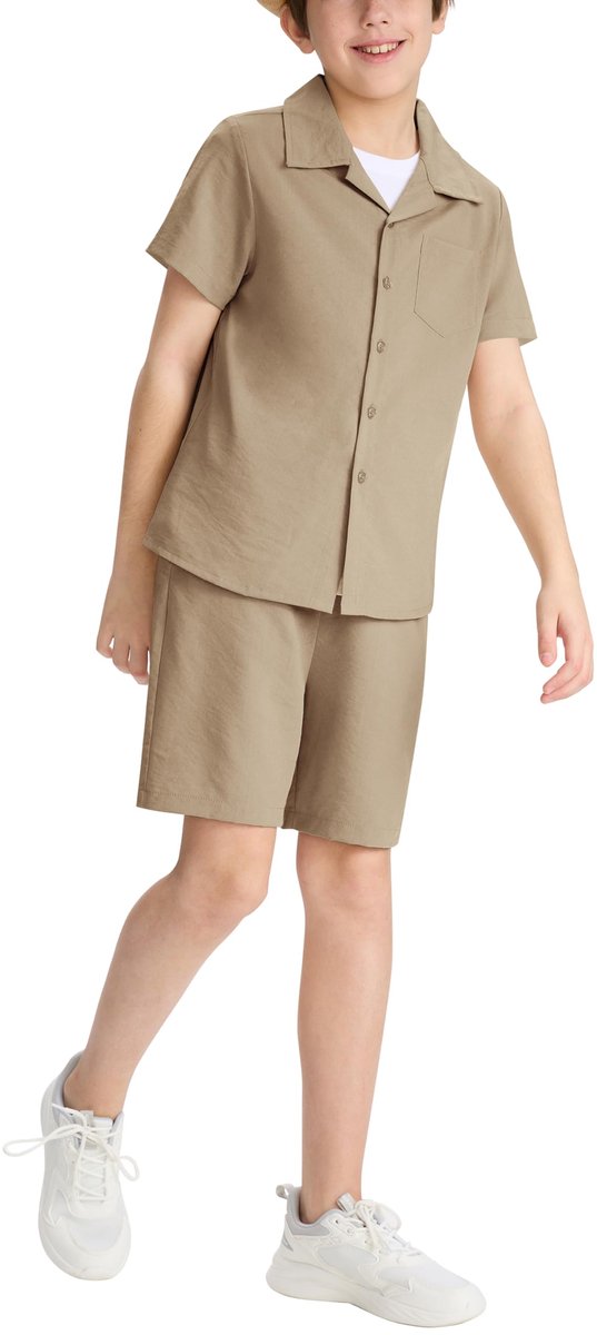 SnelShoppen - MoFiz Vrijetijdspak Trainingspak Jongens Kledingset Korte Mouwen Shirts en Shorts Zomerset Maat 128-174 Kaki Voor Strandvakantie en Zome