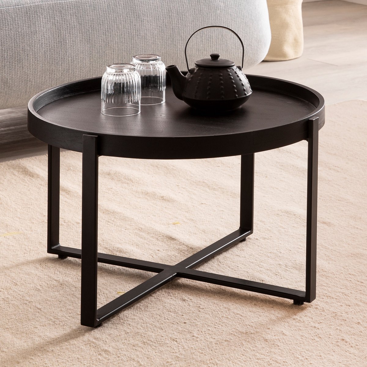 Sky Style salontafel massief hout zwart 60x60x35cm woonkamertafel rond