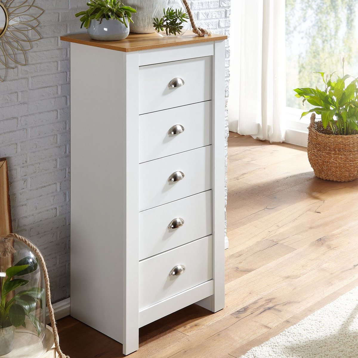 dressoir met 5 lades 53x114x39 cm ladekast wit / eiken modern | Design dressoir hoog smal | Commode woonkamer