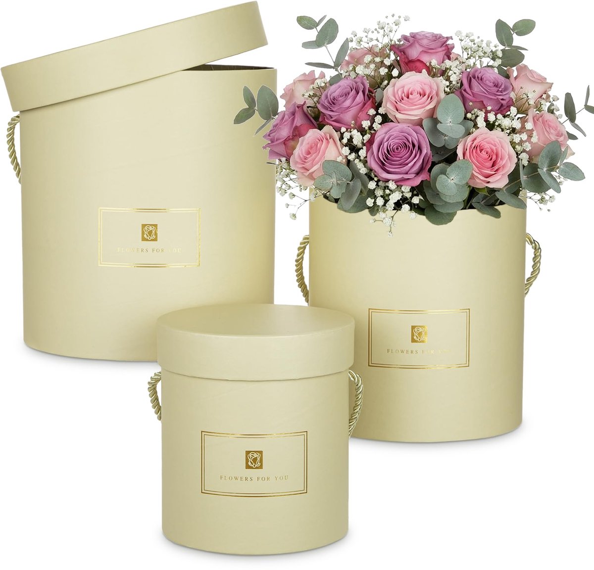 SnelShoppen - Set van 3 ronde opbergdozen met deksel, geschenkdozen van karton voor bruiloft, verjaardag, moederdag, feest en cadeauverpakking